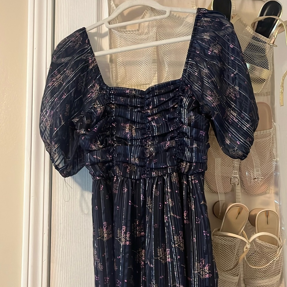 NSR Dark Blue and Pink Patterned Midi Dress